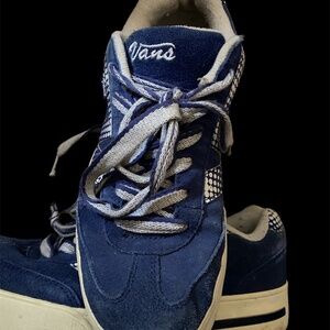 Vintage Vans Plat Skool Platform 90s Blue Suede Waffle Sole Sz 10 Skate Shoe